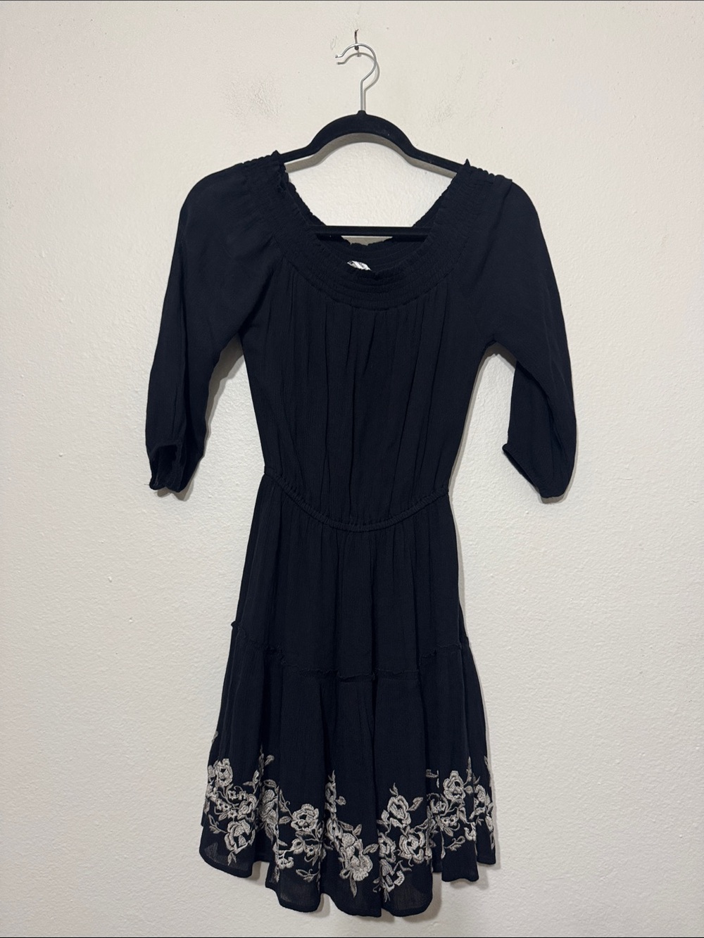 Abercrombie & Fitch black off the shoulder dress with bottom embroidery